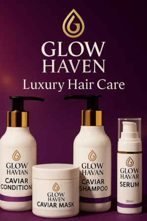 باقة شعر الكافيار من GlowHaven — شامبو وبلسم وماسك وسيروم — عناية فاخرة بالشعر